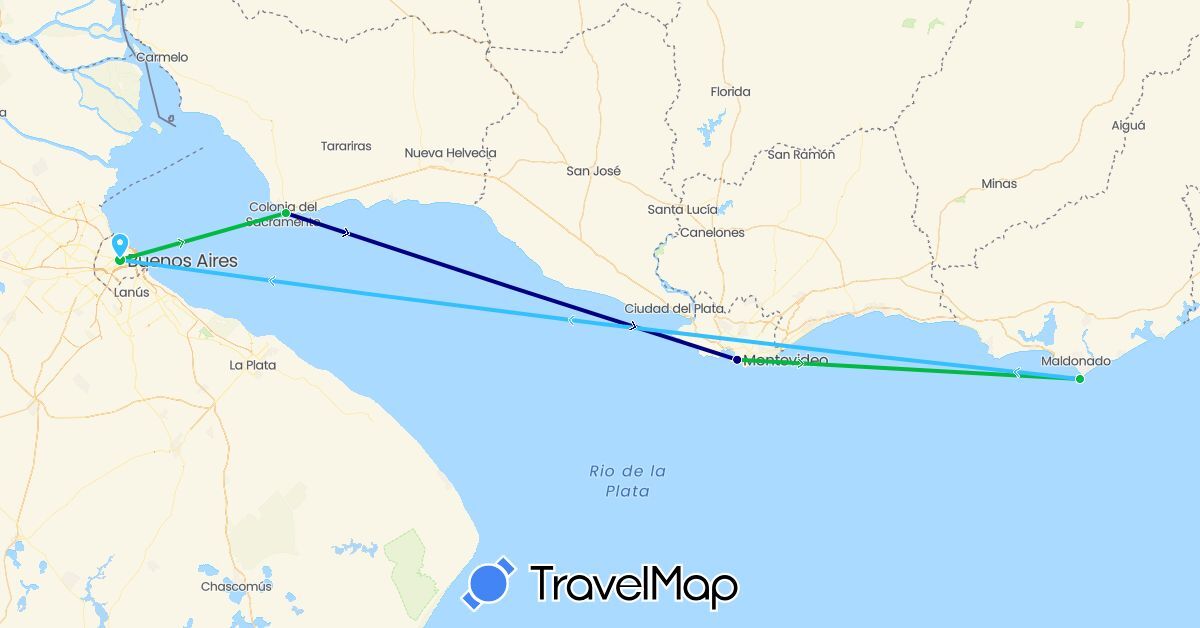 TravelMap itinerary: driving, bus, boat in Argentina, Uruguay (South America)